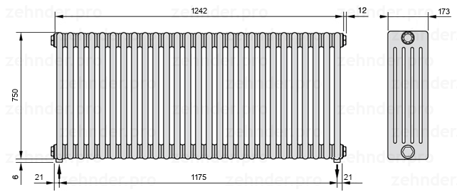 Схема (чертеж) Радиатор Zehnder Charleston 5075/27 №5310 Белый глянцевый RAL 9016